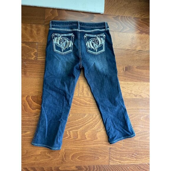 Rock 47 By Wrangler Capri Jeans Distressed Blue Dark Wash Stretch Zip Fly 11 - Picture 2 of 9